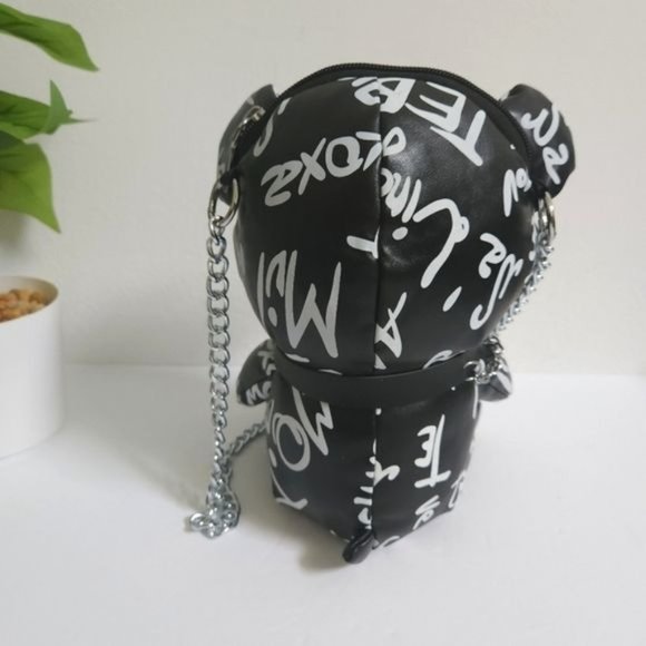Letter Print Bear Doll Shape Shoulder Bag, Zipper FauxLeather Buckled Chain Cr - Picture 8 of 13